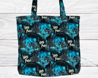 Blue Teal Wizard Handmade Tote Bag Blue Cotton Fabric Purse Handbag Bookbag Grocery bag, Licensed Harry Potter Fabric