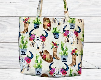 Handmade Tote Bag Colorful Southwest Cotton Fabric Purse Handbag Bookbag Grocery bag, Cow skull cactus