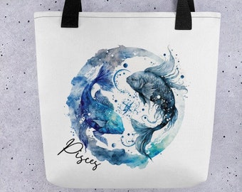 Pisces Zodiac Large Tote Bag Astrological Sign Birth Sign Book Grocery Tote School Library Bag