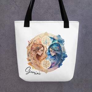 Gemini Zodiac Large Tote Bag Watercolor Astrological Birth Sign