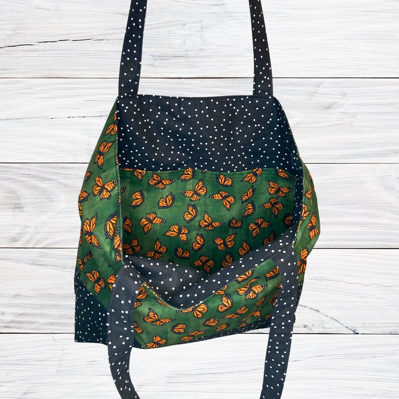 Handmade Tote Bag Monarch Butterflies on Green with Black & White Polka Dot Accents, Cotton Fabric Purse Handbag Bookbag Grocery bag image 3