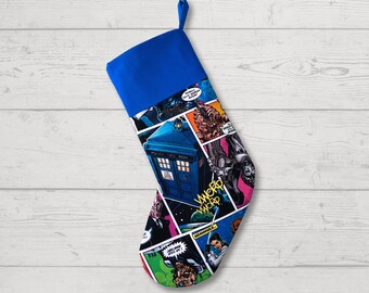 Doctor Who Christmas Stocking, STRIPES or SOLID Cuff, Custom Personalized Whovian, Tardis, Dalek, Hand Made in USA, Lined