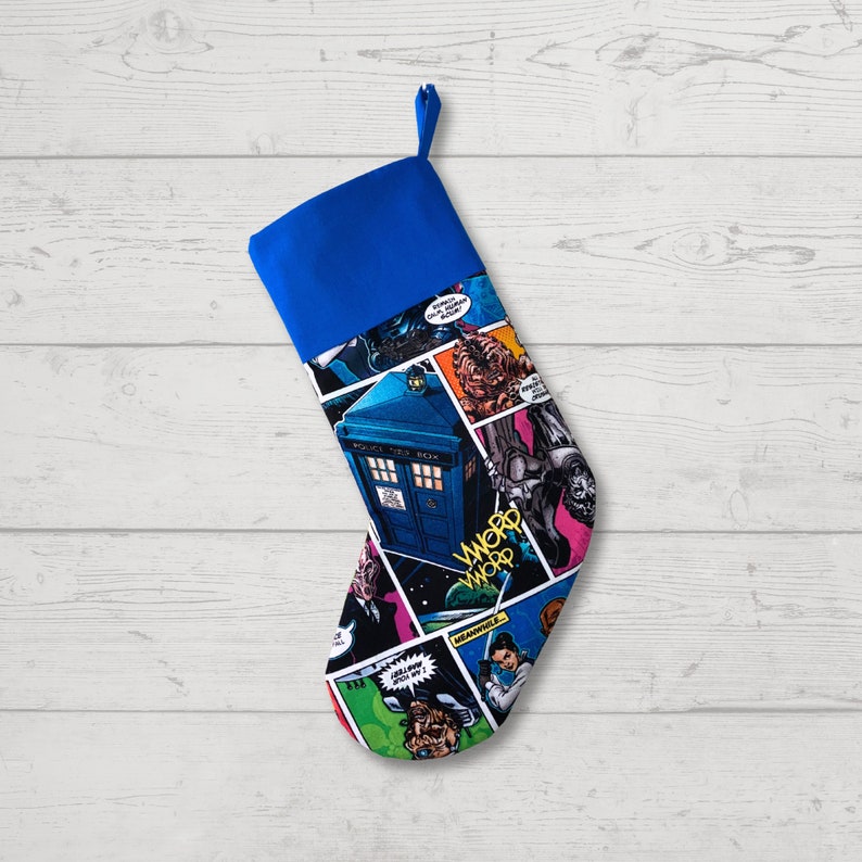 Doctor Who Christmas Stocking, STRIPES or SOLID Cuff, Custom Personalized Whovian, Tardis, Dalek, Hand Made in USA, Lined image 1