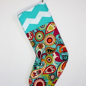 Teal Paisley and Chevron Christmas Stocking, Hand Made, Lined