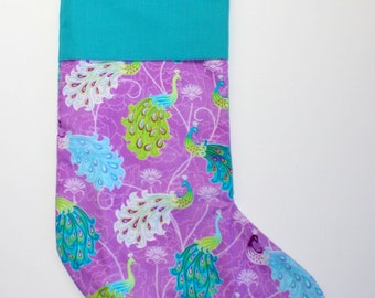 Purple Peacocks Christmas Stocking, Hand Made, Lined, Cotton, Gift Holder, Teal, Green, Purple