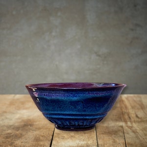 Dark Stoneware Bowl Hand Thrown on Wheel, Blue Purple Carved image 5