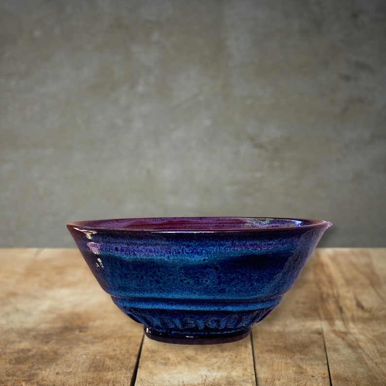Dark Stoneware Bowl Hand Thrown on Wheel, Blue Purple Carved image 5