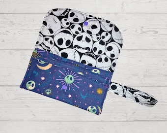 Wristlet Wallet, Fabric, Jack Skellington Fabric, Button Closure