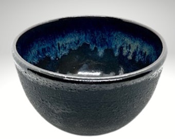 Matte Black Stoneware Handmade Bowl with Blue, Pottery Ceramics