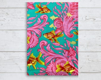 Goldfish on Teal and Pink Fabric Handmade  Adjustable Book Cover
