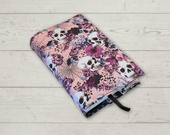 Pink Skulls - Adjustable Book Cover, Fabric Book Sleeve, Book Sleeve, Book Pouch, Book Accessories, Fabric Book Cover - Pink Skulls Flowers