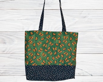 Handmade Tote Bag Monarch Butterflies on Green with Black & White Polka Dot Accents, Cotton Fabric Purse Handbag Bookbag Grocery bag