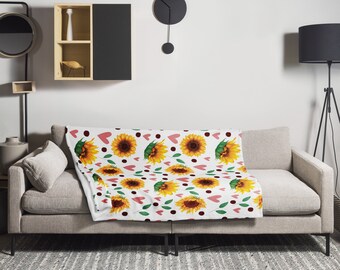 Sunflowers with Hearts Throw Blanket, Kids College Dorm, Country Home Decor