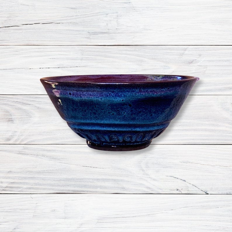 Dark Stoneware Bowl Hand Thrown on Wheel, Blue Purple Carved image 4