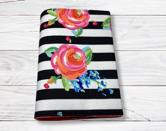 Adjustable Book Cover, Fabric Book Sleeve, Book Sleeve Pouch, Book Worm Accessories, gifts for mom grandma her - Floral and Stripes