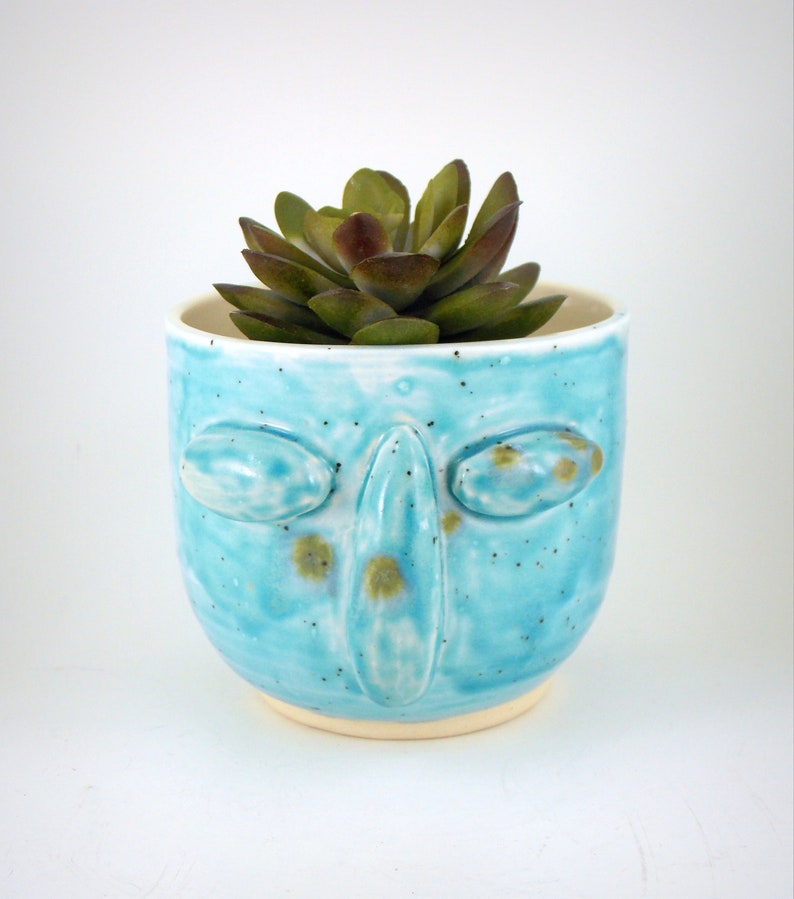Succulent Planter Blue Face Handmade Planter Stoneware Clay Glazed Plant Pot Succulent Holder image 3