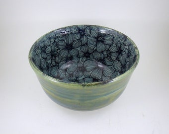 Dark Cyan Blue Floral Stoneware Bowl Wheel Thrown Pottery Ceramics Handmade in America
