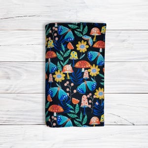 Blue Floral Mushrooms - Adjustable Book Cover Sleeve, Book Pouch, Book Accessories Fabric  Cover Bible Jacket Paperback Hardcover