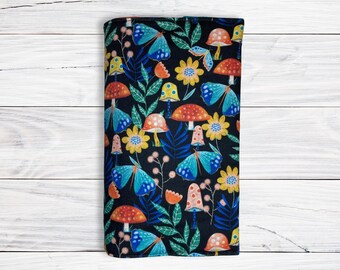 Blue Floral Mushroom Book Cover: Adjustable Fabric Book Sleeve