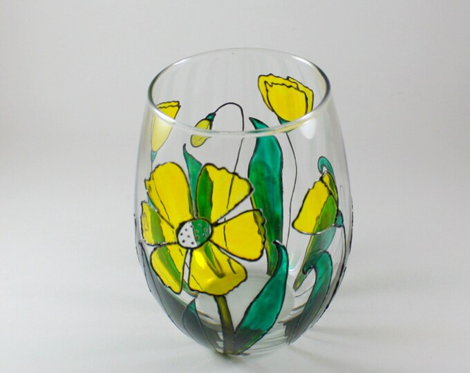 Stemless Hand Painted Wine Glass Yellow Flowers / Stained Etsy