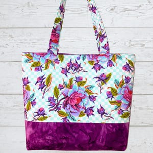 Sac fourre-tout fait main fleurs bleues roses violettes - sac à main en tissu de coton sac à main cartable épicerie plage