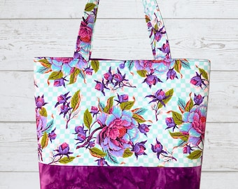 Floral Handbag – Handmade Cotton Purse, Bookbag, Market Bag, Purple Pink Blue Flowers