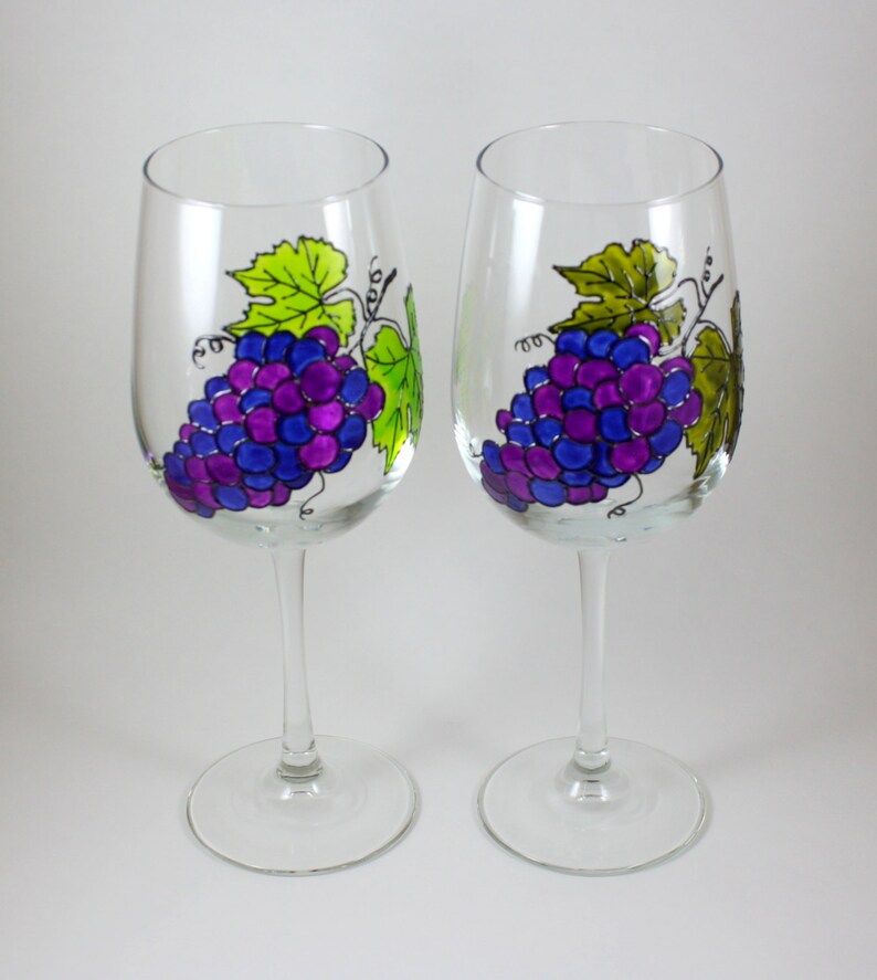 Grapes on Wine Glass Stained Glass Dark Leaves Hand Painted Etsy