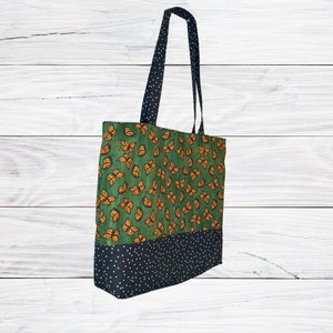 Handmade Tote Bag Monarch Butterflies on Green with Black & White Polka Dot Accents, Cotton Fabric Purse Handbag Bookbag Grocery bag image 2