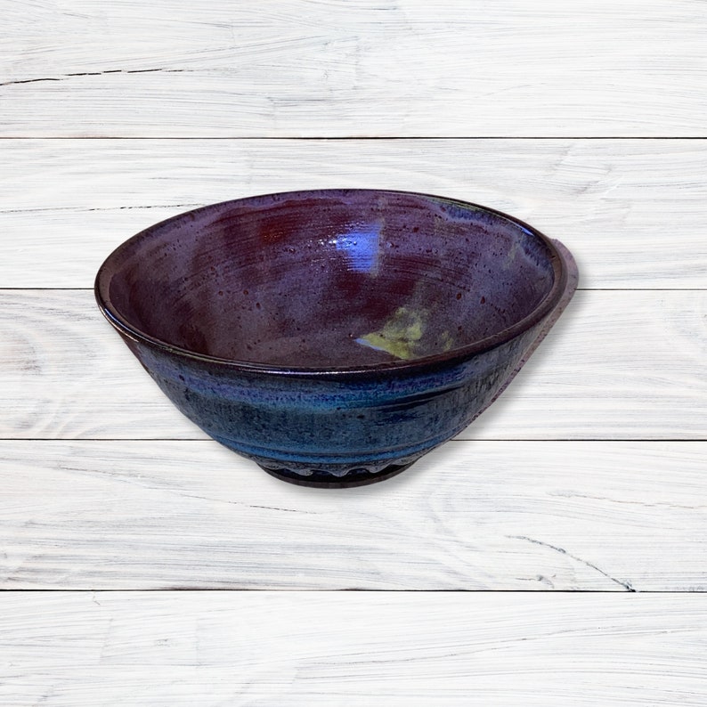 Dark Stoneware Bowl Hand Thrown on Wheel, Blue Purple Carved image 1