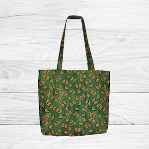 Sac fourre-tout fait main, papillons monarques verts avec intérieur à pois jaunes, double poche, sac à main en tissu, sac à main, cartable, sac d'épicerie