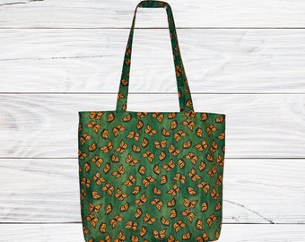 Handmade Tote Bag Monarch Butterflies on Green with Yellow Polka Dot Interior, Double Pocket, Fabric Purse Handbag Bookbag Grocery bag