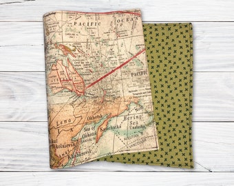 Adjustable Book Cover, Fabric Book Sleeve, Book Sleeve, Book Pouch, Book Accessories, Fabric Book Cover - Travel Vintage Map World