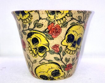 Small Skull Planter Pot Yellow Skulls with Roses, Drainage Hole.