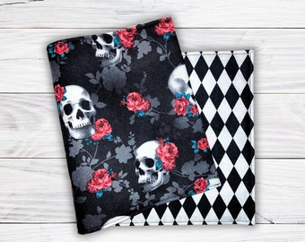 Adjustable Book Cover, Fabric Book Sleeve, Book Sleeve, Book Pouch, Book Accessories, Fabric Book Cover - Skulls Flowers Gothic