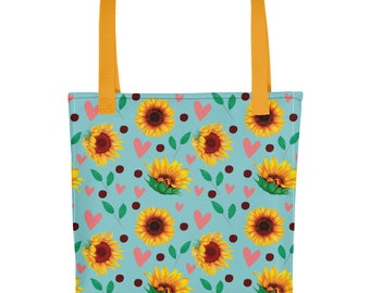 Sunflowers Hearts Dots on Teal Tote bag