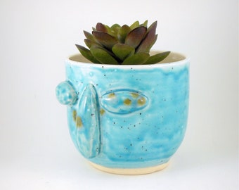 Succulent Planter Blue Face Handmade Planter Stoneware Clay Glazed Plant Pot Succulent Holder