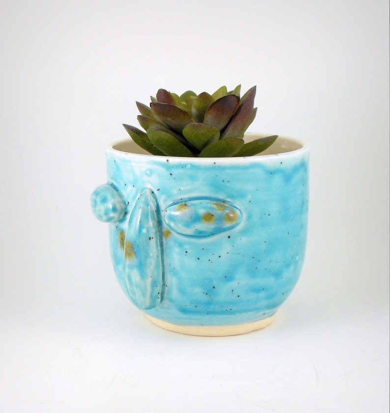 Succulent Planter Blue Face Handmade Planter Stoneware Clay Glazed Plant Pot Succulent Holder image 1
