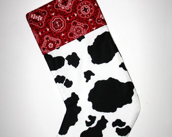 Handmade Christmas Stocking, DAIRY COW, Men, Boys, Lined Cotton, X-Mas Stocking, Rustic Farmhouse Cow Ranch Style Decor