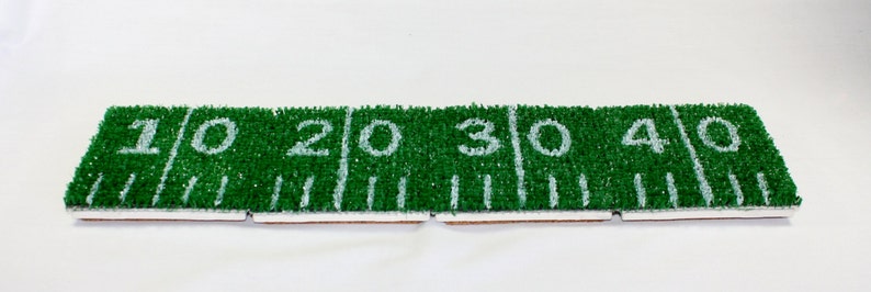 May include: A green and white football field rug with the numbers 10, 20, 30, and 40 printed on it.