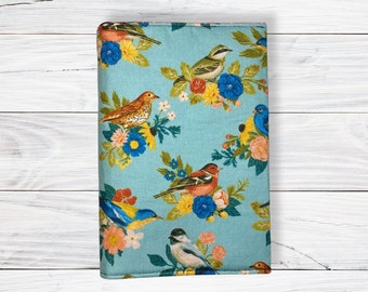 Adjustable Book Cover, Fabric Book Sleeve, Book Sleeve Pouch, Book Worm Accessories, gifts for mom grandma her - Pretty Birds on Blue