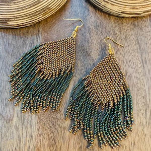 Gold & Turquoise Peacock Boho, Dangle, Fringe Earrings