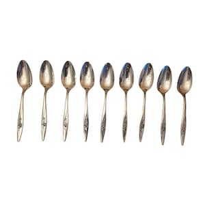 May include: A set of nine silver-toned metal spoons arranged in a row. Each spoon features a polished oval bowl and a slender handle decorated with a small, embossed floral motif near the base. The metal has a reflective, metallic finish.