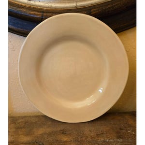 May include: A round, cream-coloured ceramic plate. The plate has a wide rim and a slightly concave centre. The plate is on a wooden surface. The plate is a neutral colour and would complement any table setting.