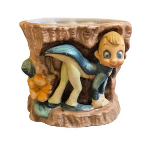 Vintage  Pixie Elf Planter With Whimsical Woodland Design Floral Big Eyes