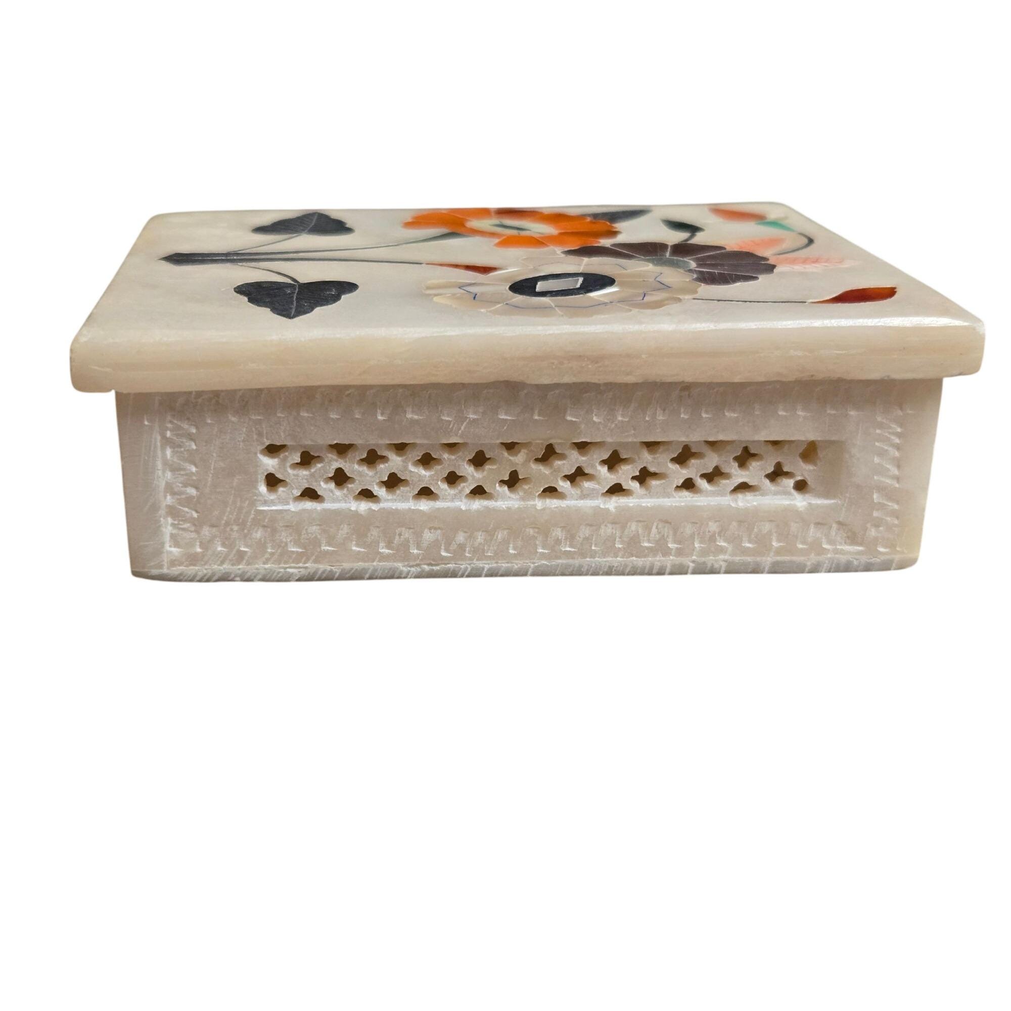 Vintage Pietra Dura Floral Inlay Box: Mother-of-pearl Alabaster Trinket ...