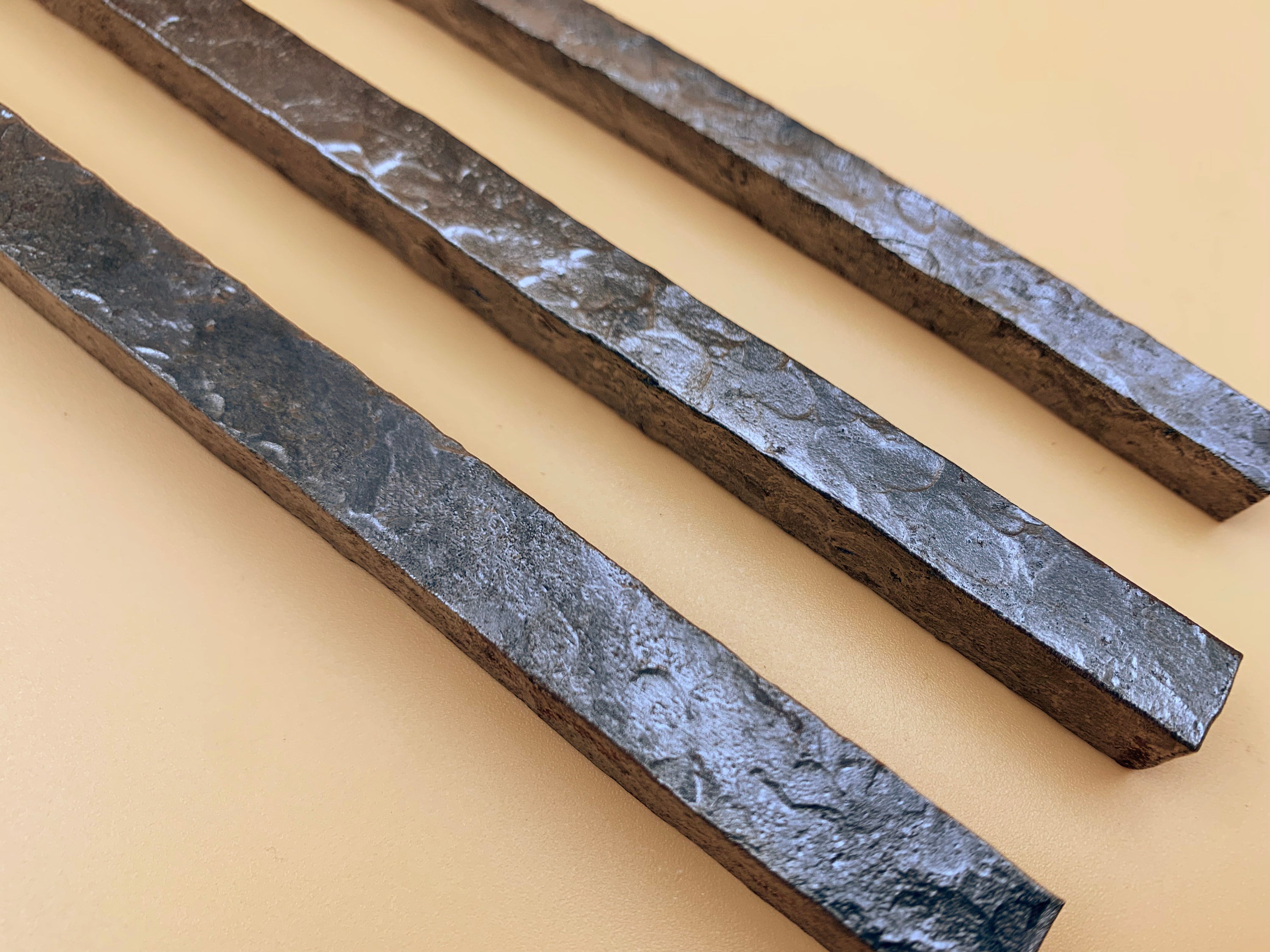 Hand forged 1 meter long textured steel square bar Hammered metal rod detail Industrial style loft for Crafts Supplies Tools Raw Materials