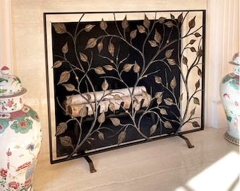 Schermo per camino forgiato a mano artistico Copricamino in ferro battuto Porte di protezione per la casa Soggiorno Parascintille Pozzi del fuoco Dettagli delle foglie