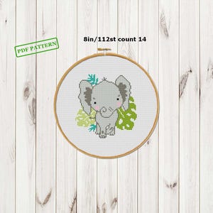 Motif éléphant au point de croix pour chambre d'enfant dans la jungle, cerceau au point de croix, téléchargement PDF