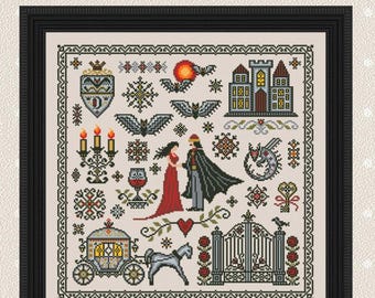Historia de Drácula (203 x 203 puntadas), patrón de punto de cruz de Halloween espeluznante (descarga en PDF)