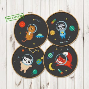 Animaux Grille point de croix Bébé animaux de l'espace Renard Raton laveur Chat Panda Créoles, grille point de croix à télécharger au format PDF